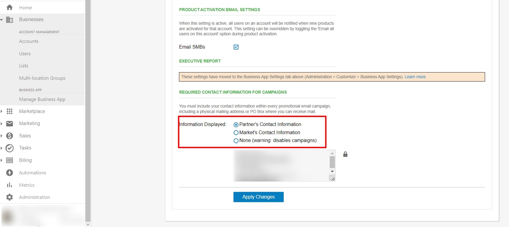 Contact information settings