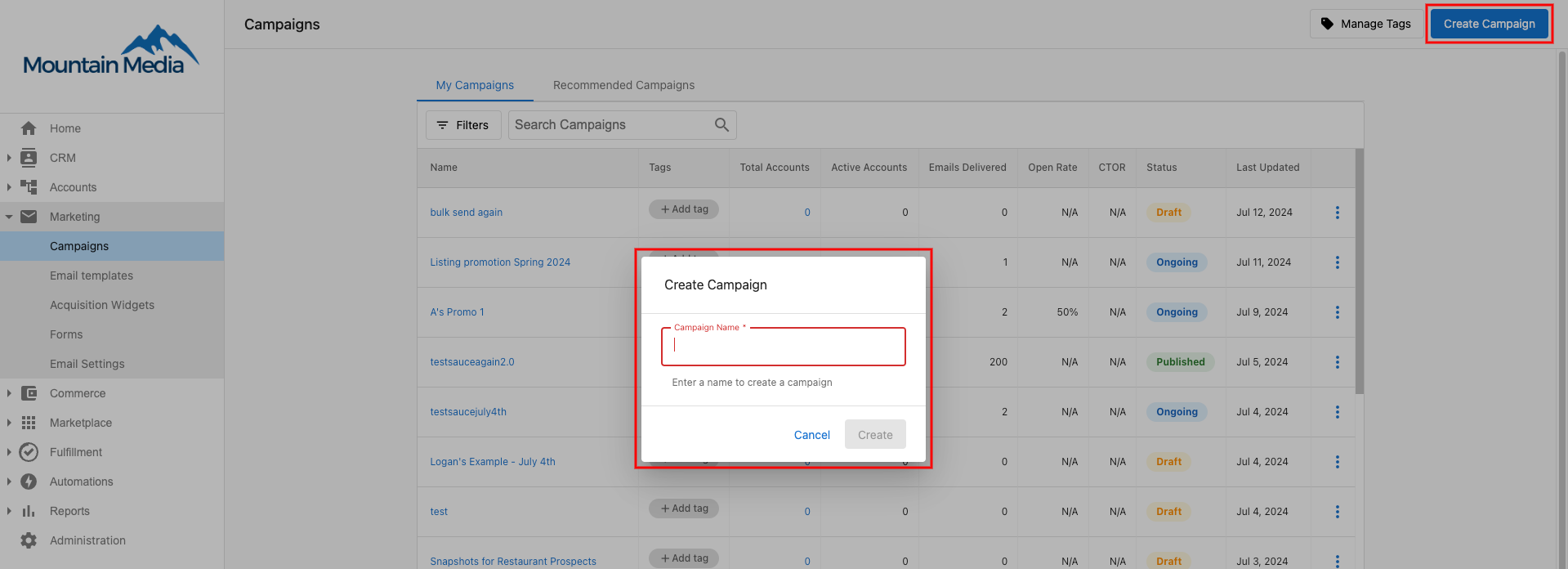 Create Campaign Button