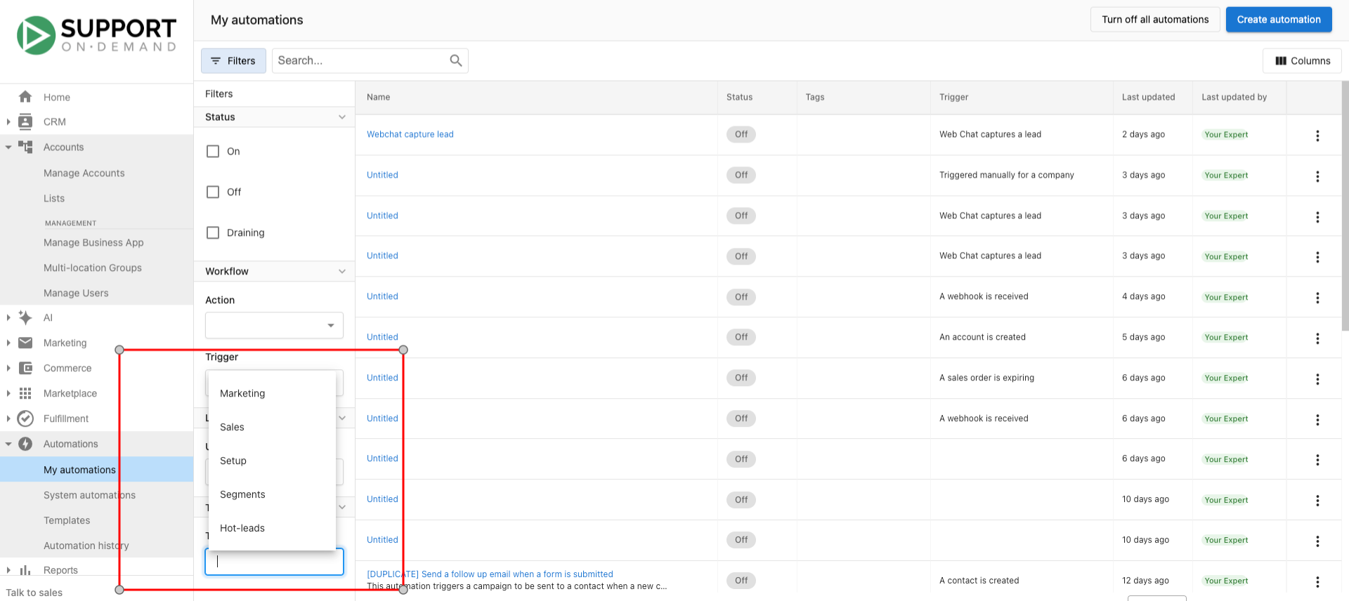 Filtering automations by tags