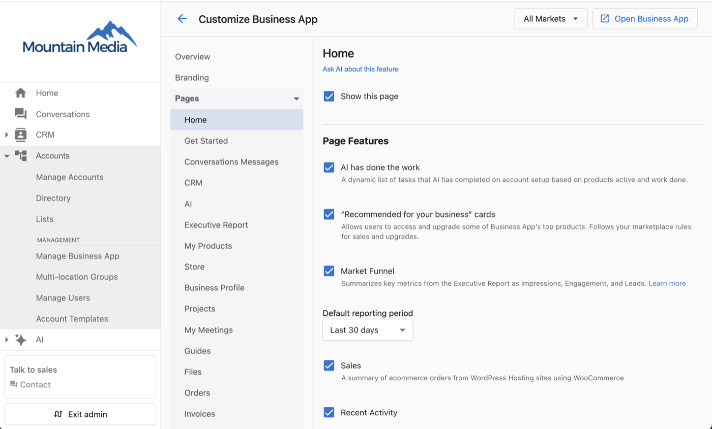 Customize Business App, Pages, Home in Partner Center, with the AI has done the work and Recommended for your business cards checkboxes at the top of Page Features, both checked