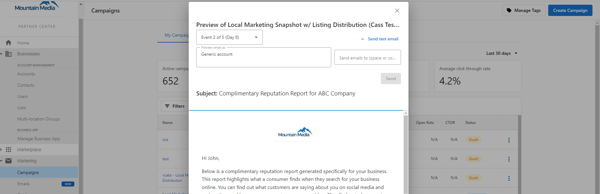 Preview email campaigns as a specific account