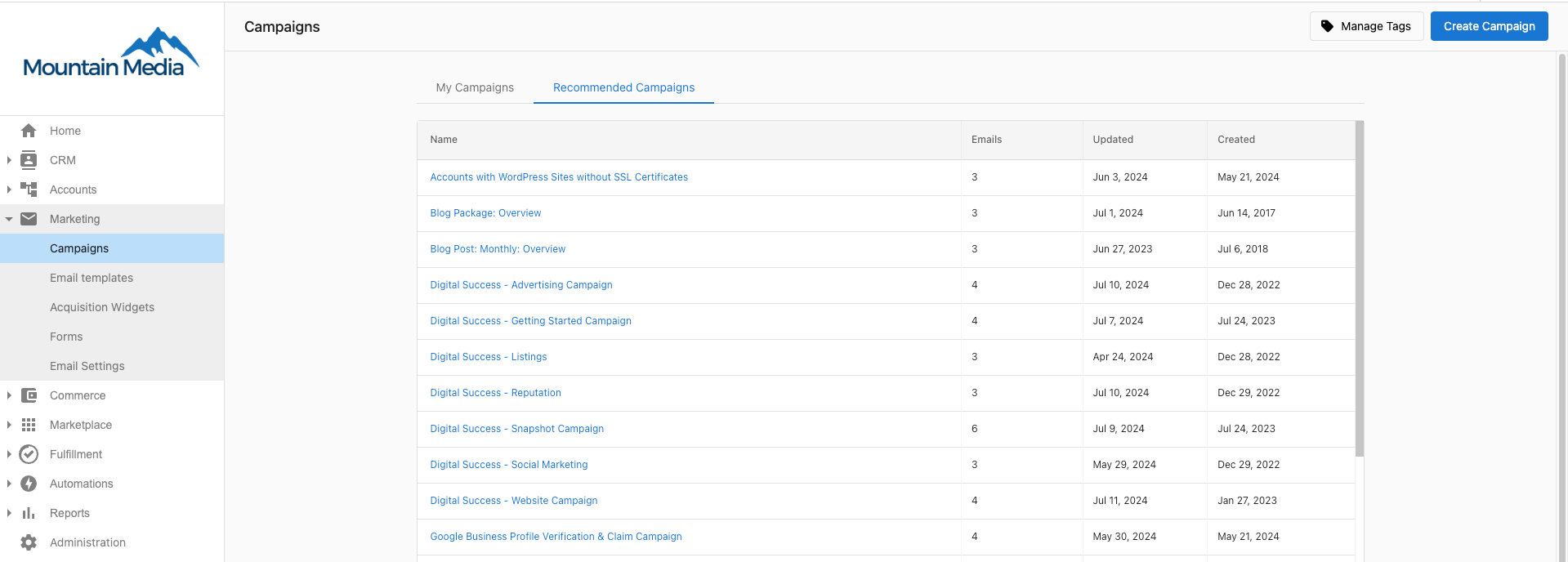 Recommended Campaigns Tab