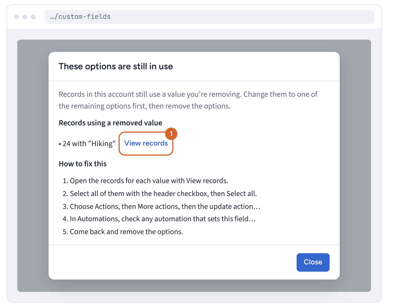 These options are still in use dialog listing 24 records with Hiking, with the View records link highlighted