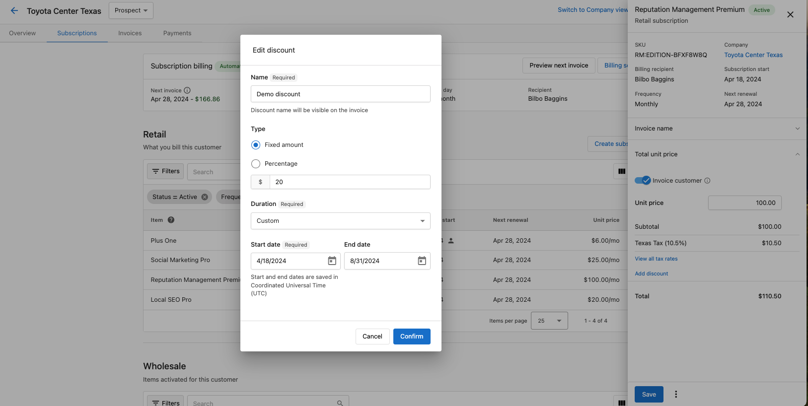 Subscription discount settings