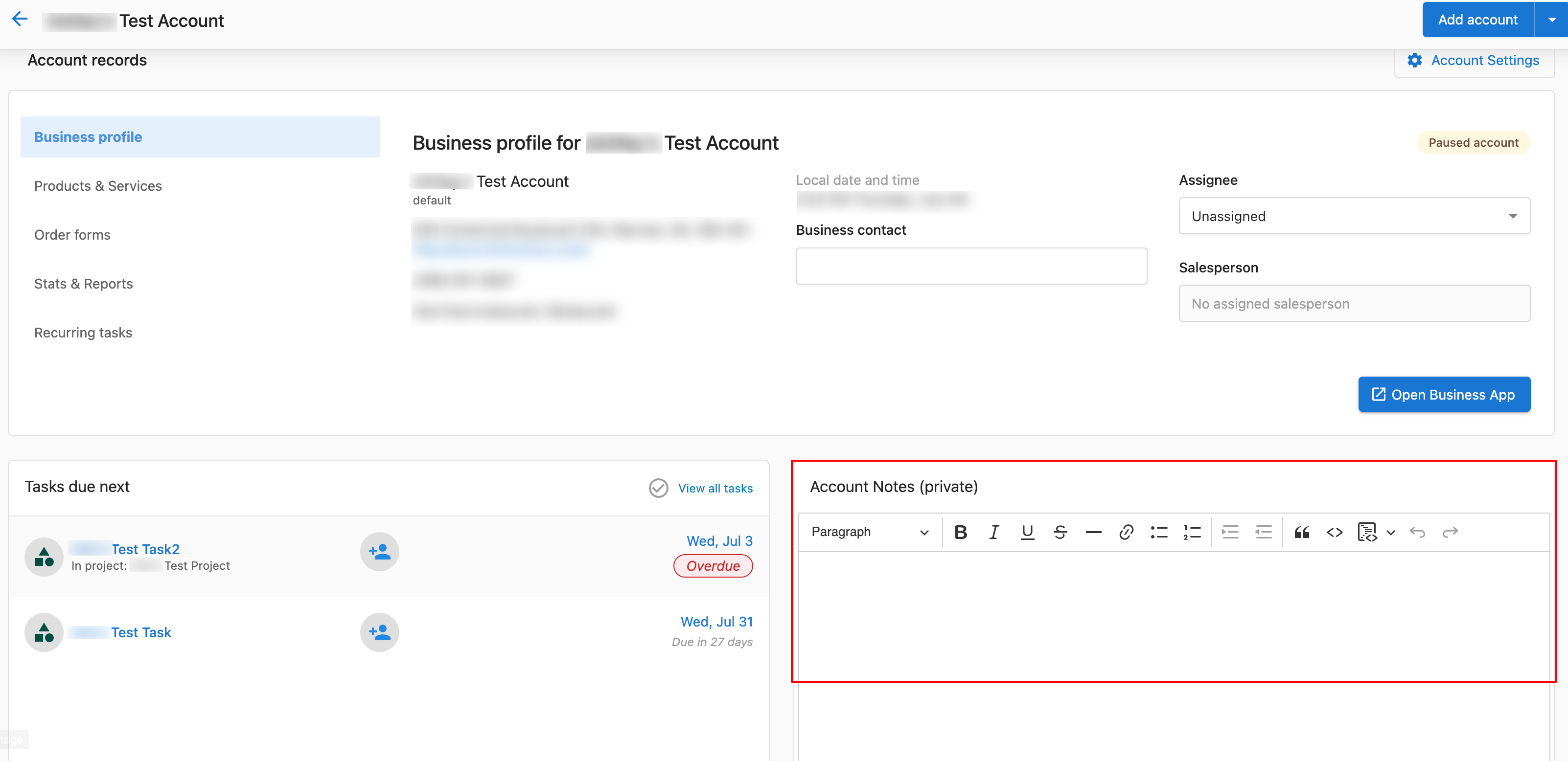 Account notes in Task Manager