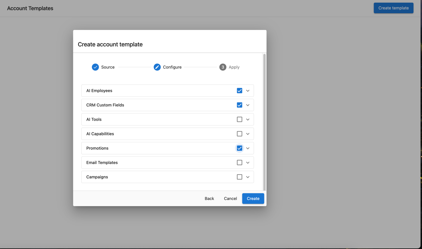 Create account template dialog showing the Configure step with checkboxes for AI Employees, CRM Custom Fields, Promotions, and other components
