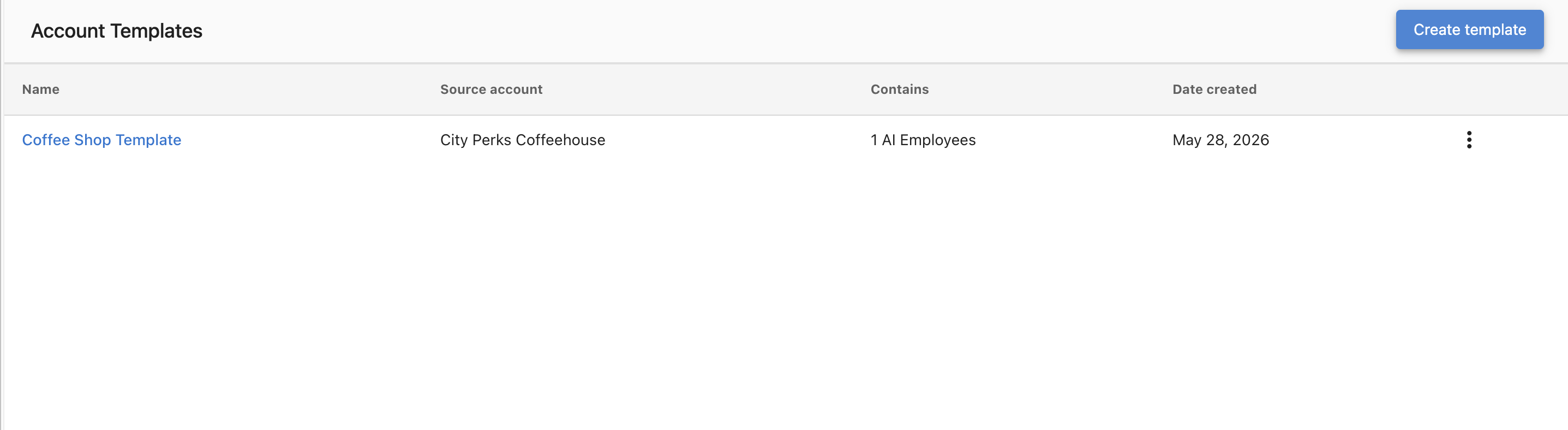 Account Templates list showing a template's name, source account, contents, and date created