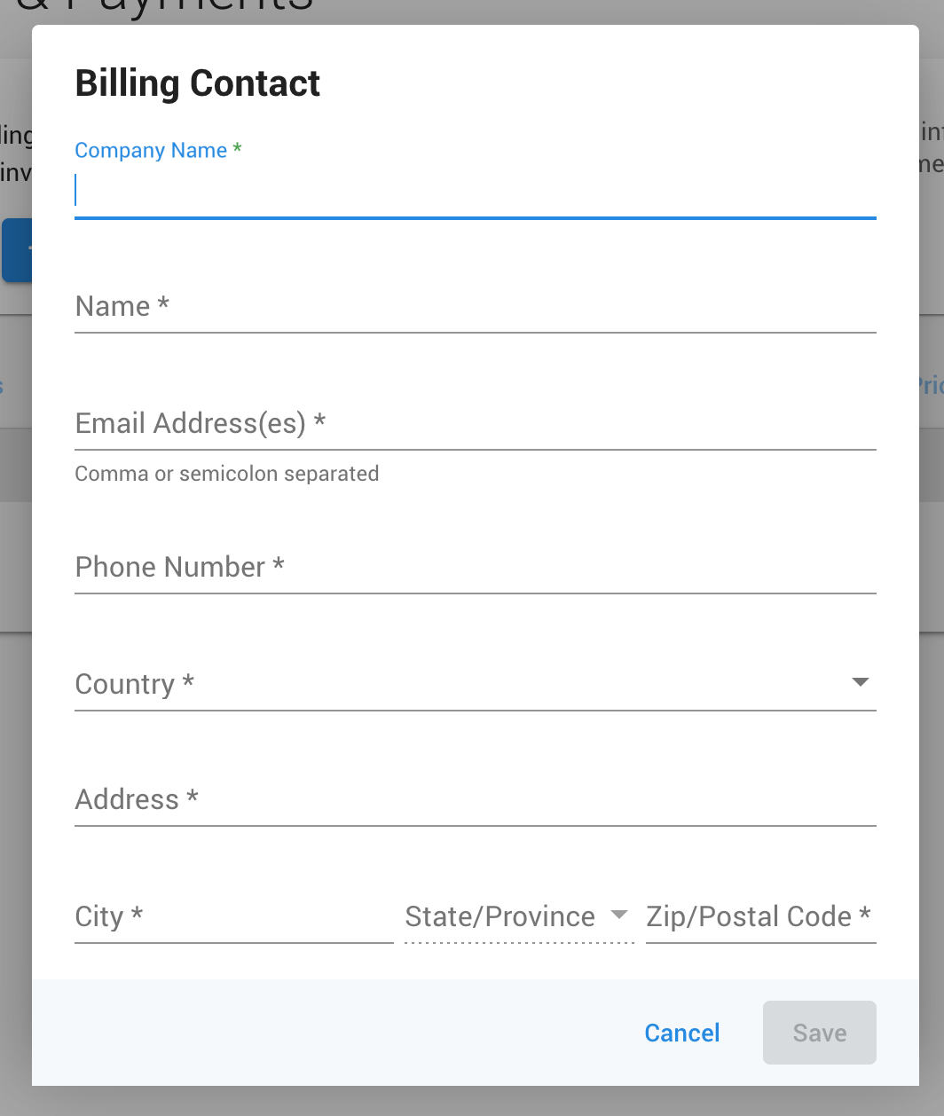 Add Billing Contact screen