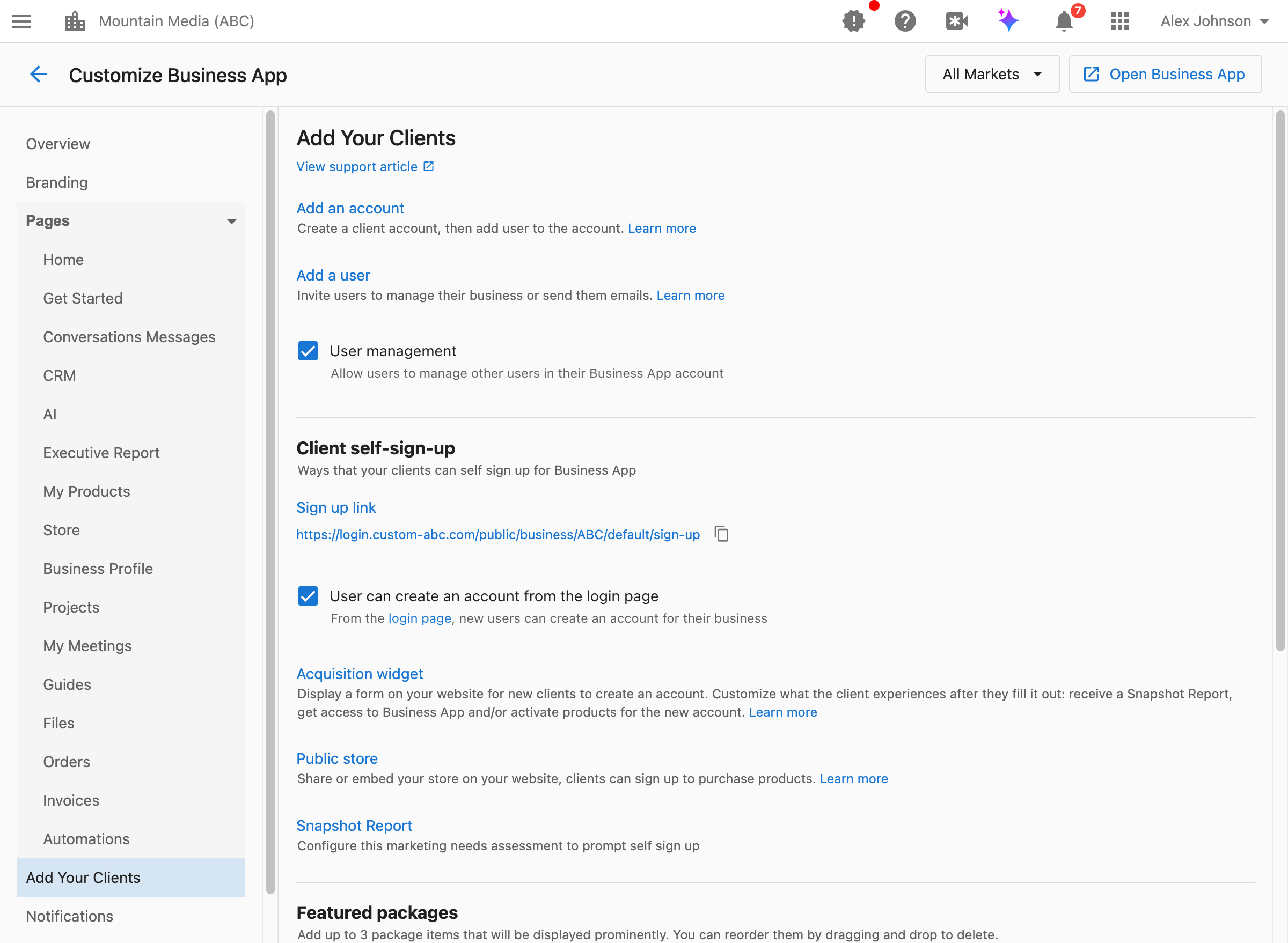 Add Your Clients settings in Customize Business App