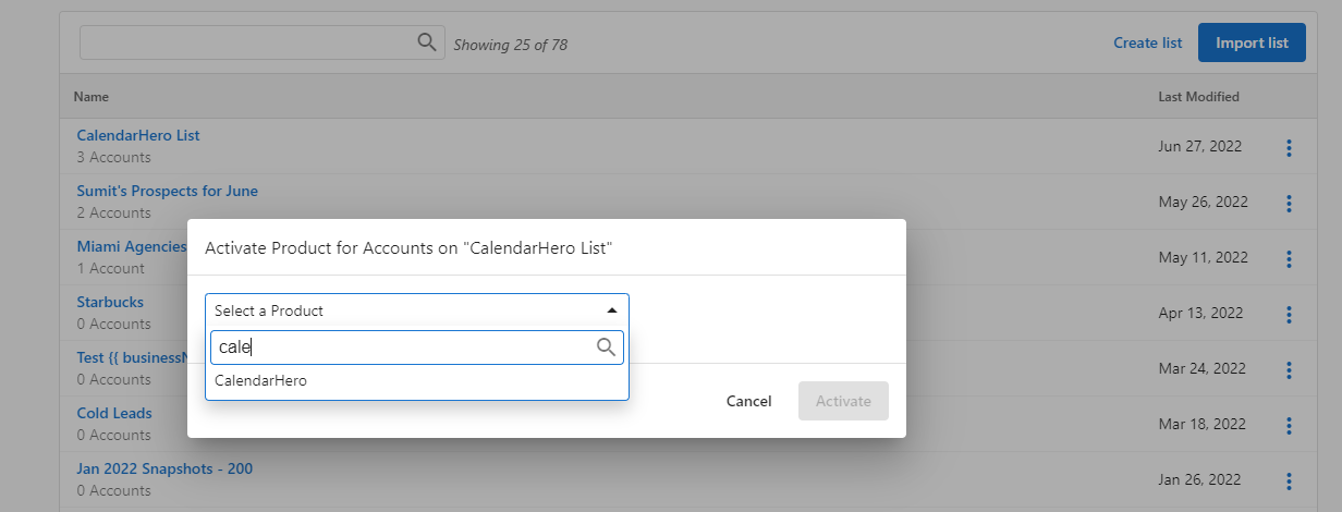 Product selection dialog showing CalendarHero