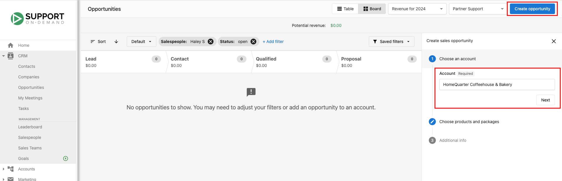 Create opportunity - select account