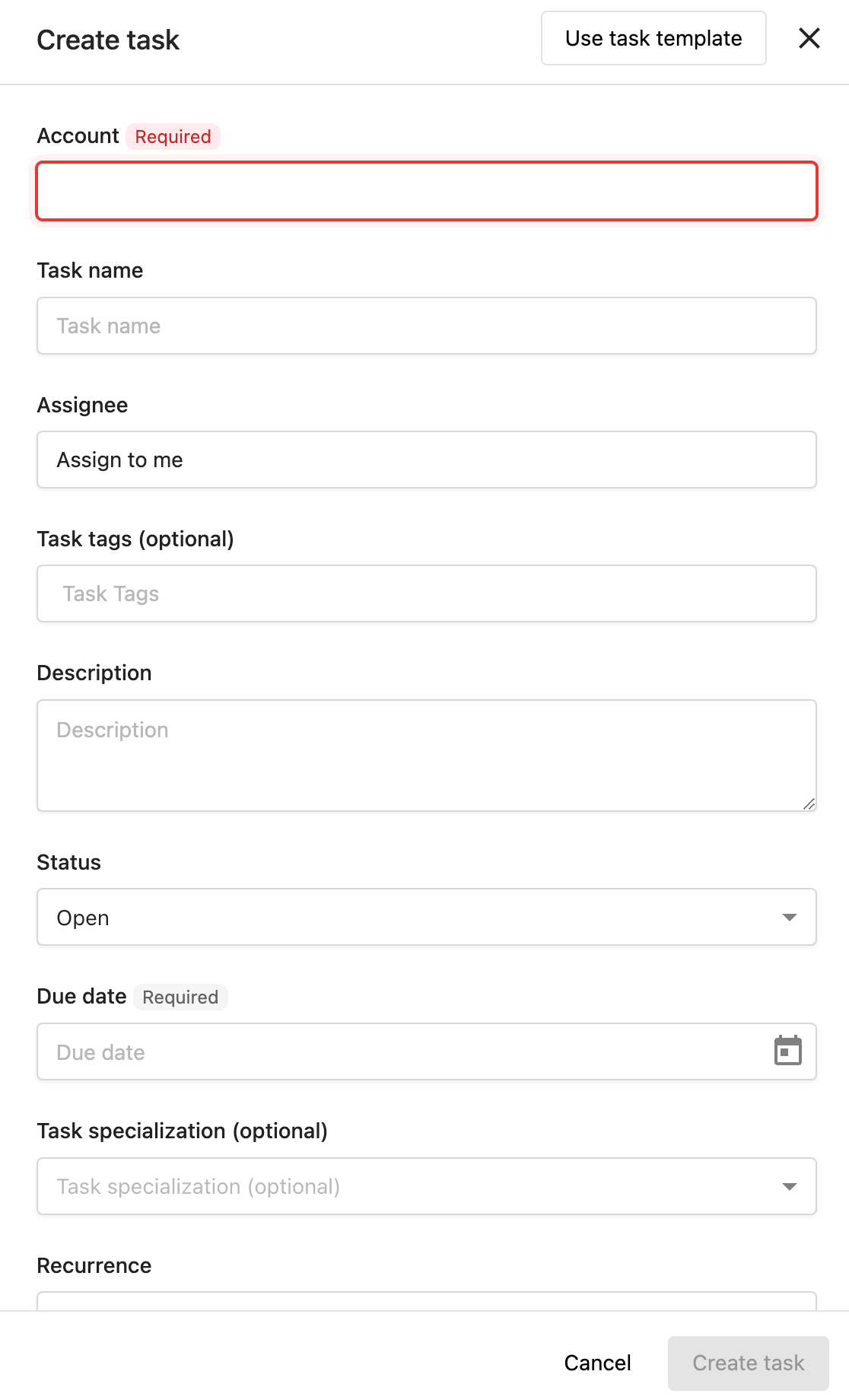Create task interface in Task Manager