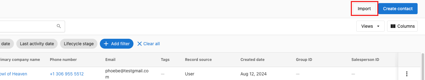 Contacts table with Import button highlighted