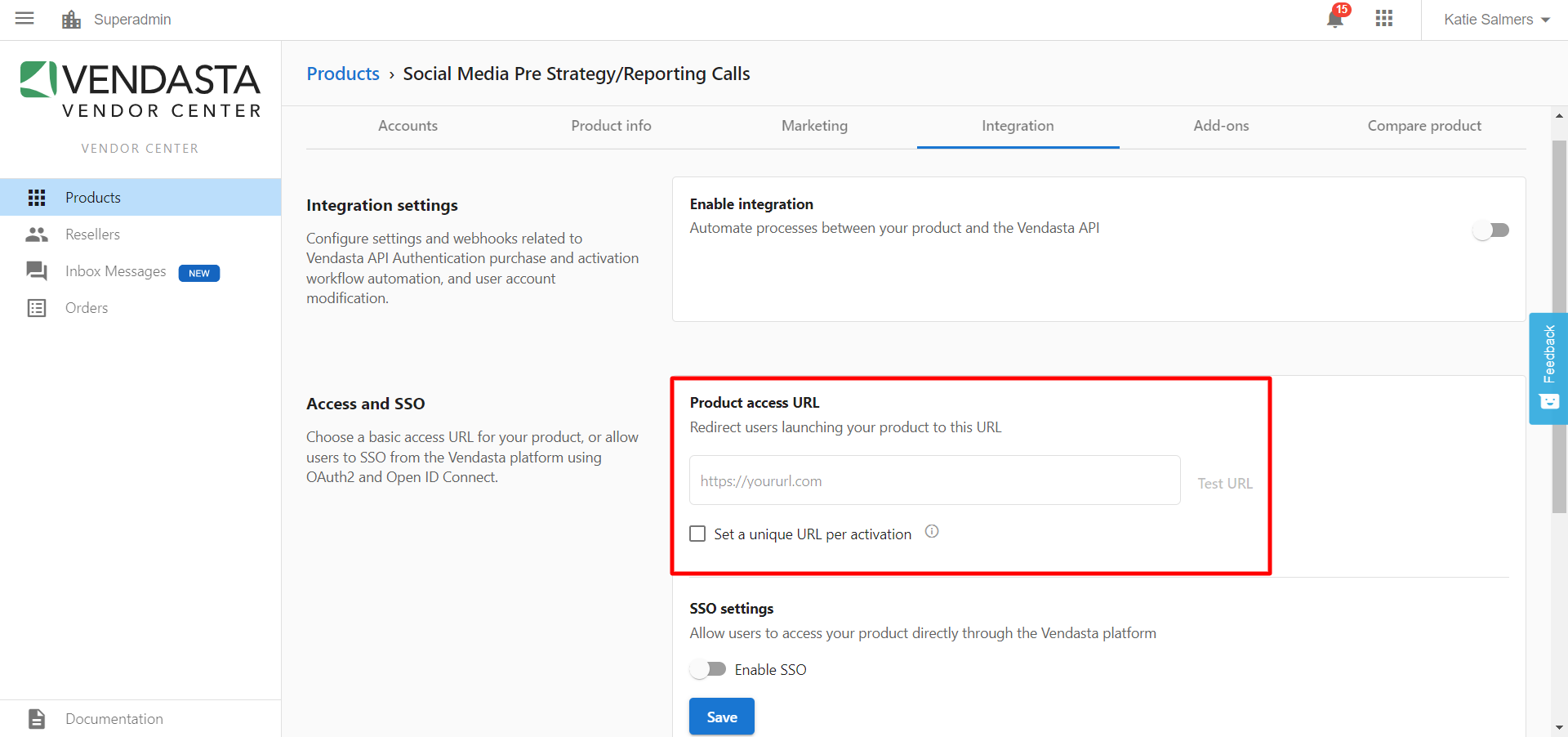 Product access URL field