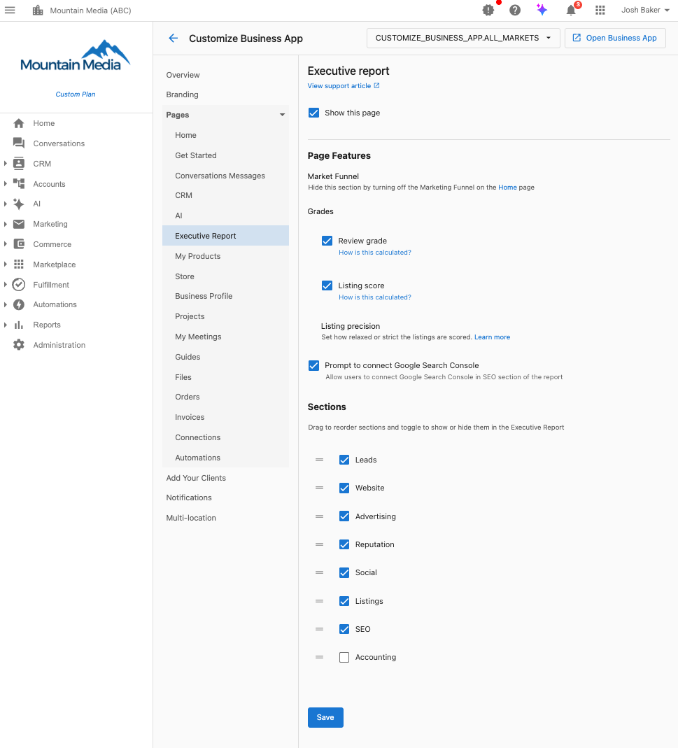 Customize Executive Report Sections Interface