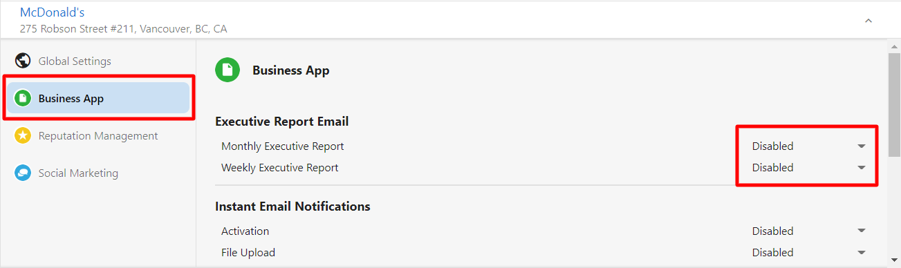 Executive Report notification settings