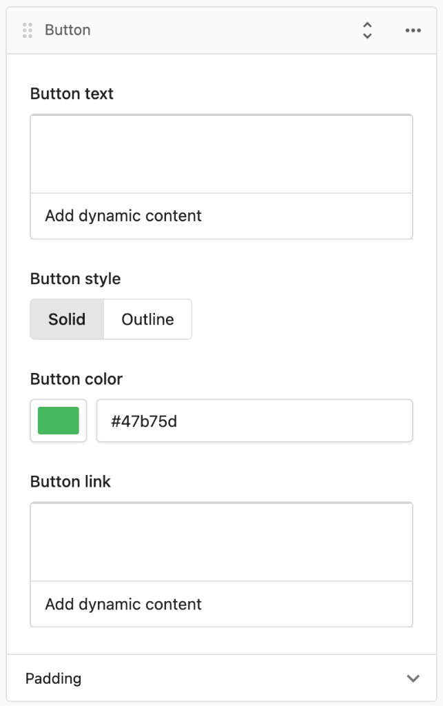 Button block settings for button text and button link, including Add dynamic content