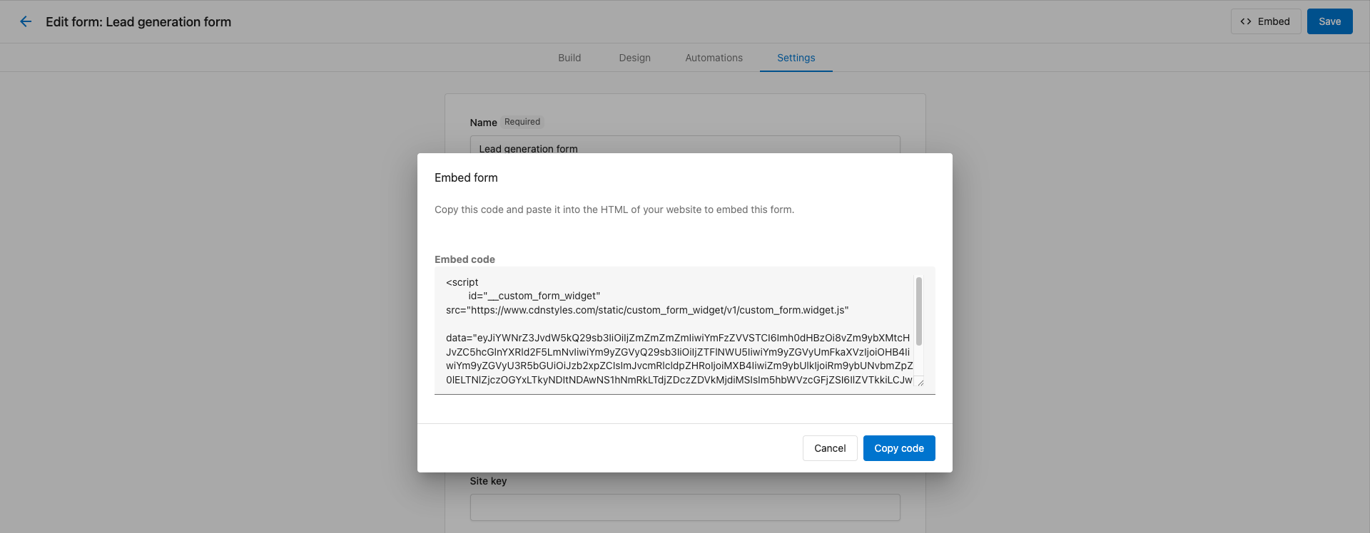 Form embed code