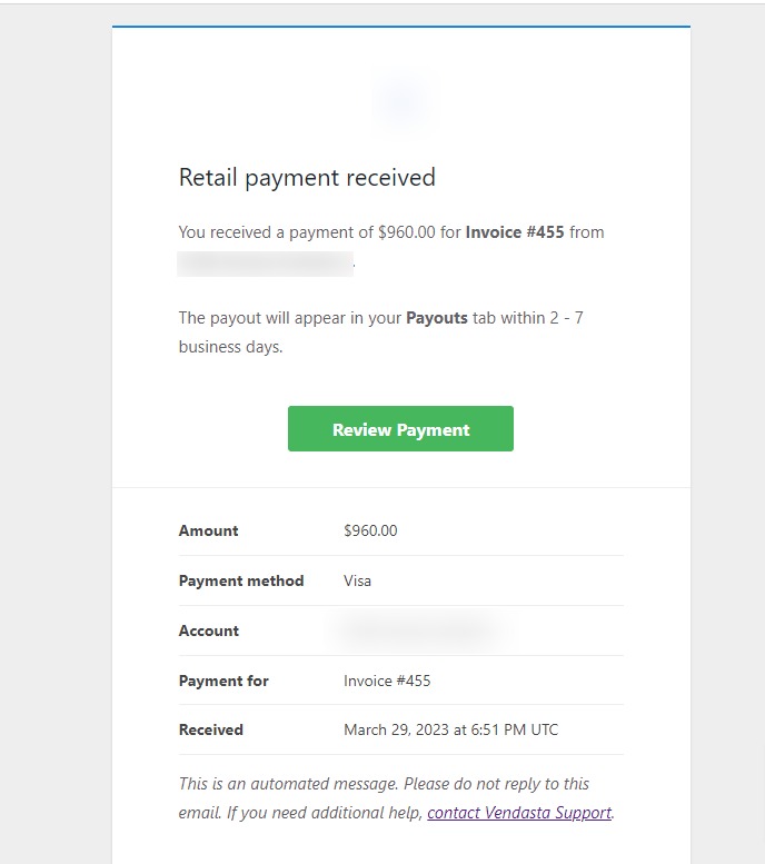 Invoice notification email sent to merchant