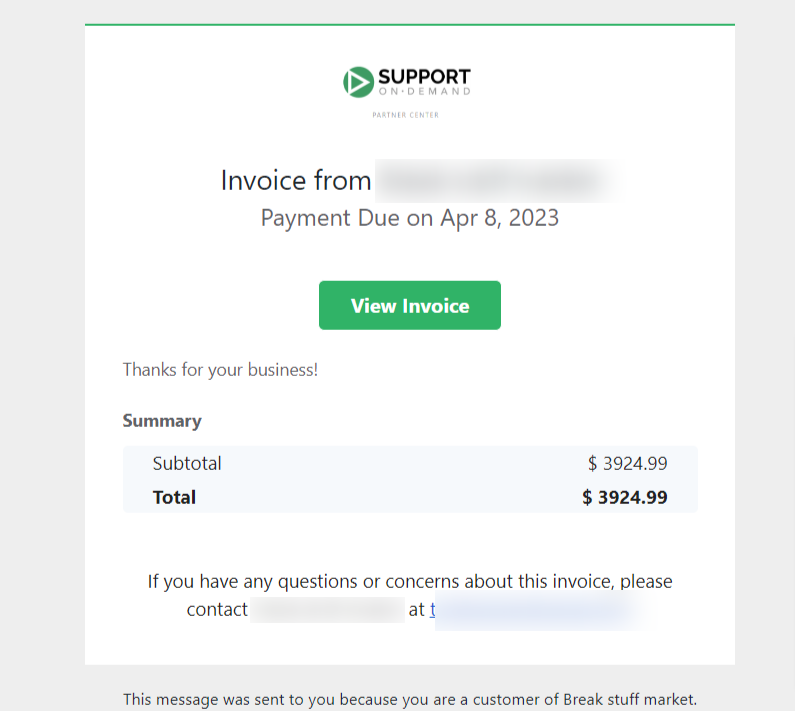 Invoice email sent to customer