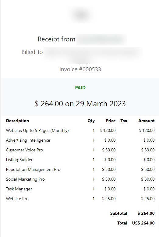 Invoice receipt email sent to customer