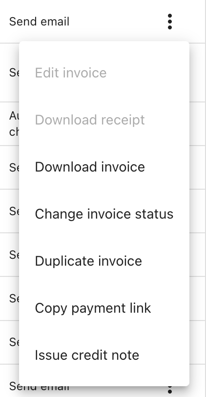 Invoice options menu