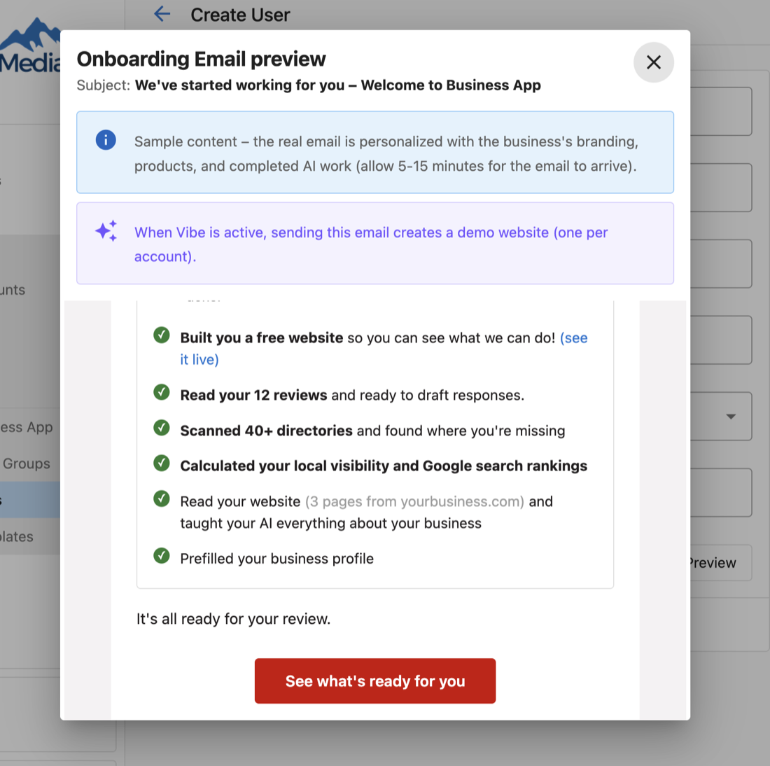 The onboarding email preview in Partner Center: a checklist of finished work with green check marks, the line It's all ready for your review, and a See what's ready for you button
