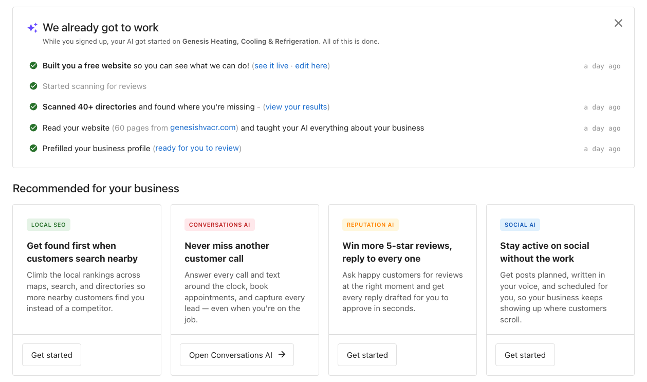 Business App Home for a heating and cooling company: the We already got to work card listing the website built, directories scanned, website read, and business profile prefilled, above four Recommended for your business cards for Local SEO, Conversations AI, Reputation AI, and Social AI