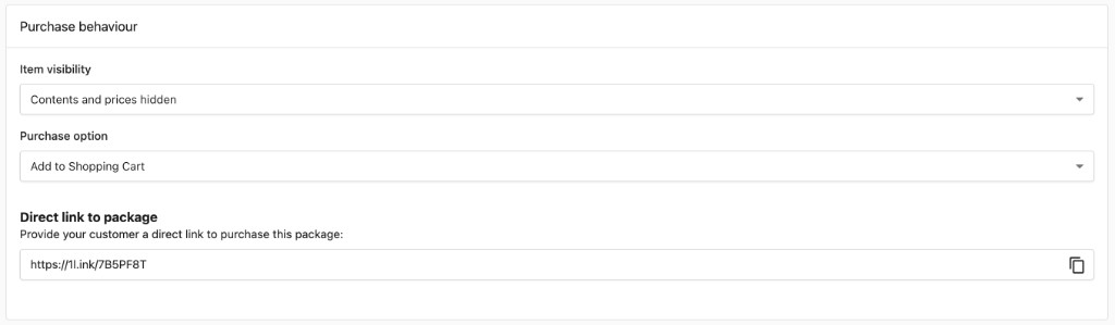 Package purchase behaviour settings showing item visibility, purchase option, and direct link