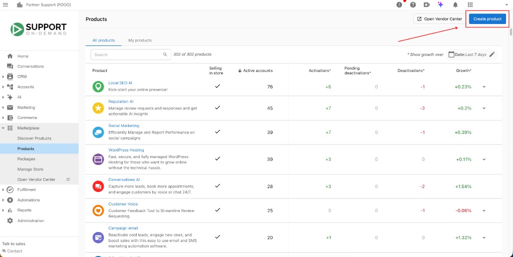 Create product button in Partner Center