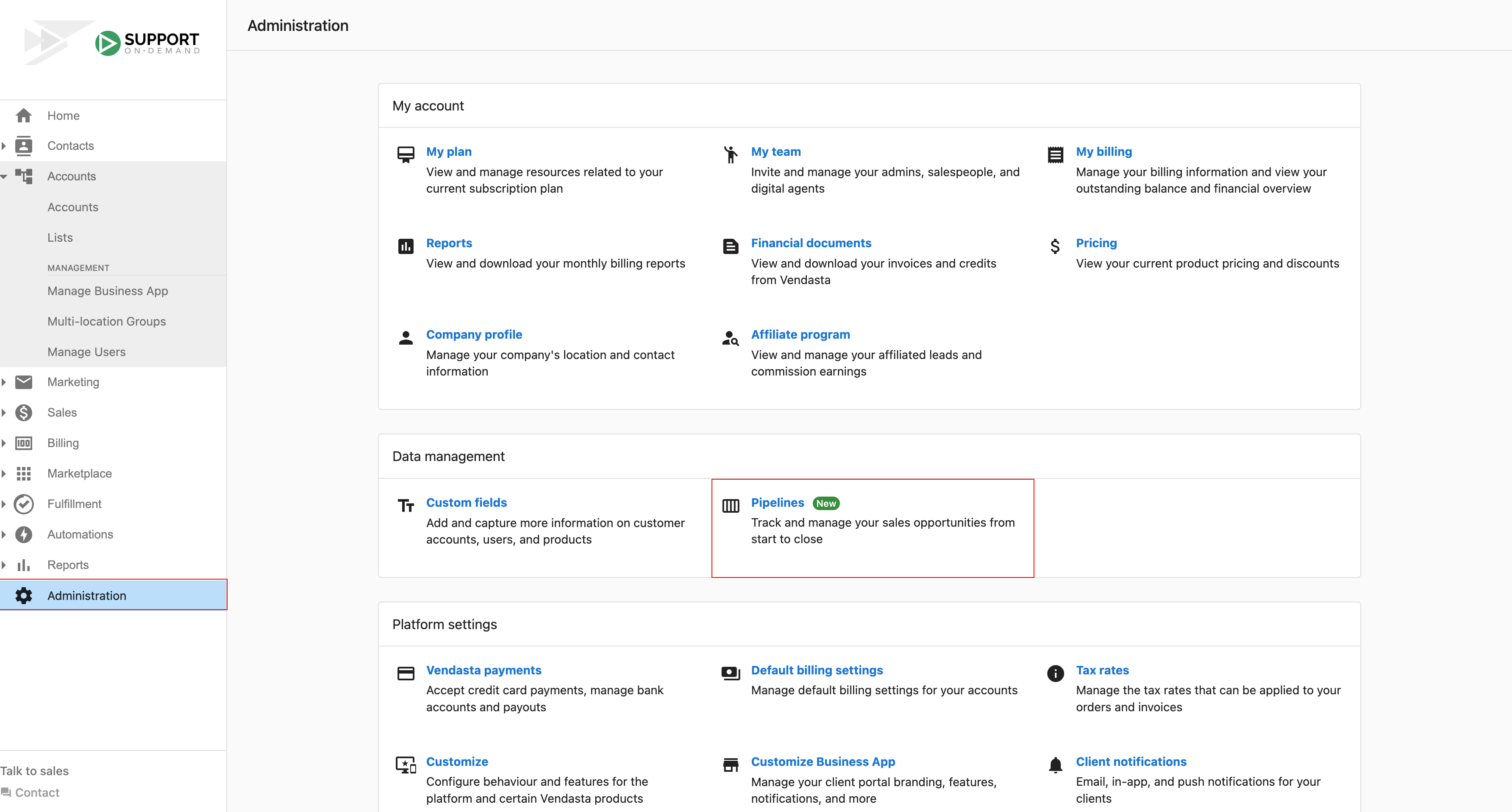 Pipeline menu in Administration
