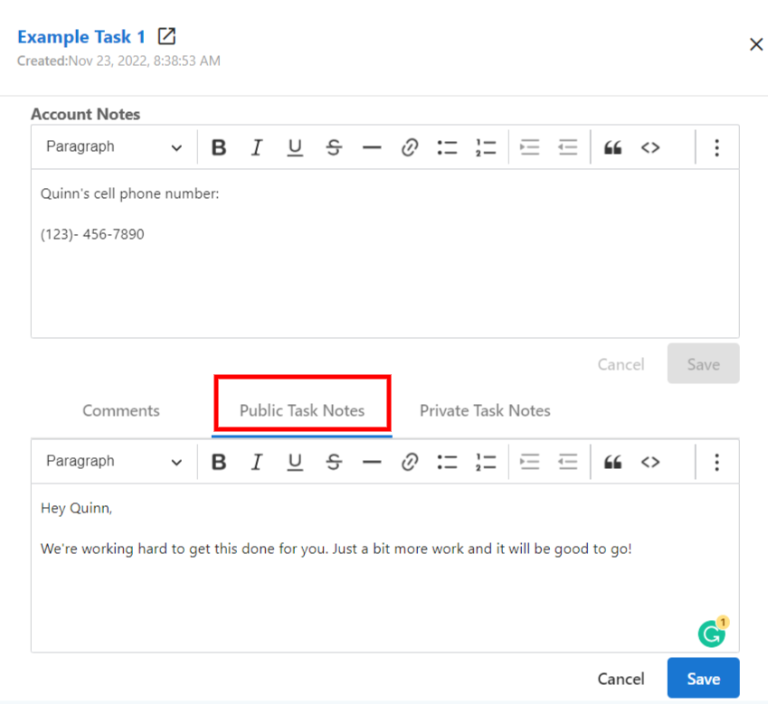 Public notes in Task Manager