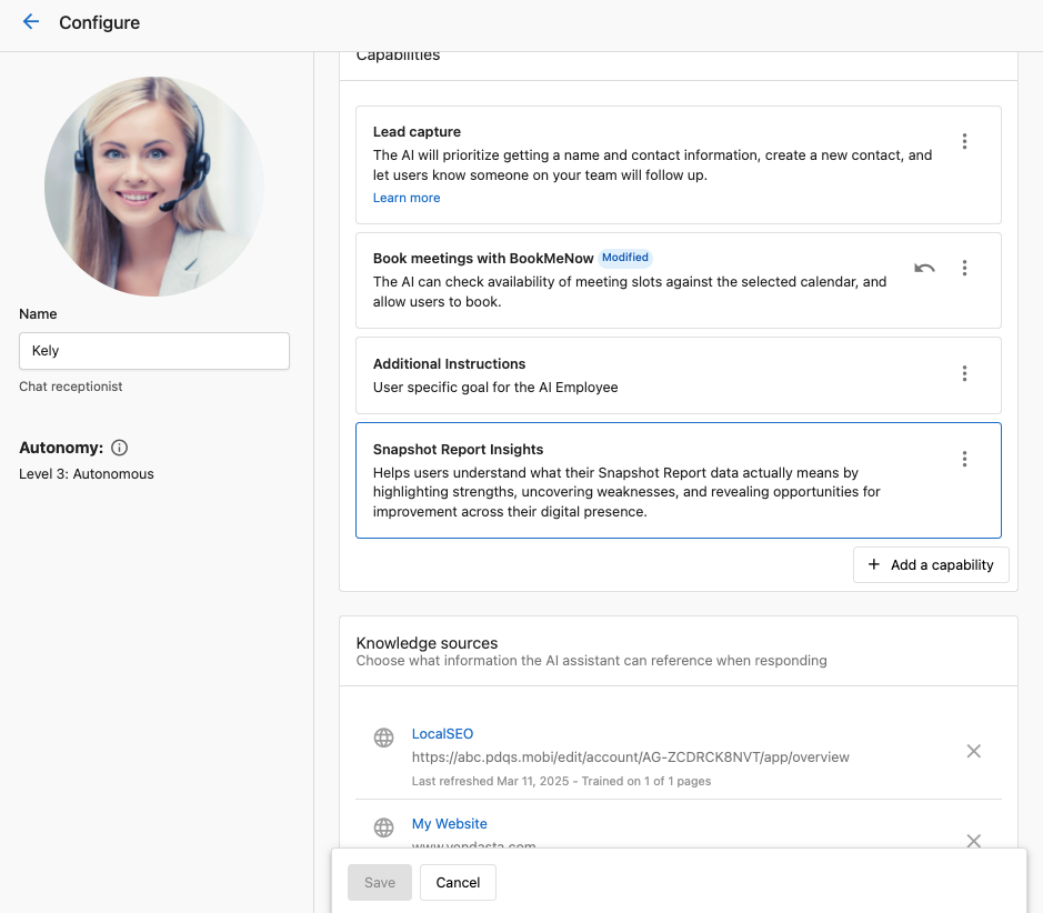 Capabilities section in AI Receptionist settings