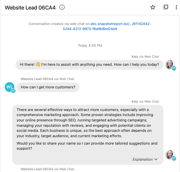 Conversations section showing AI Chat history with source link