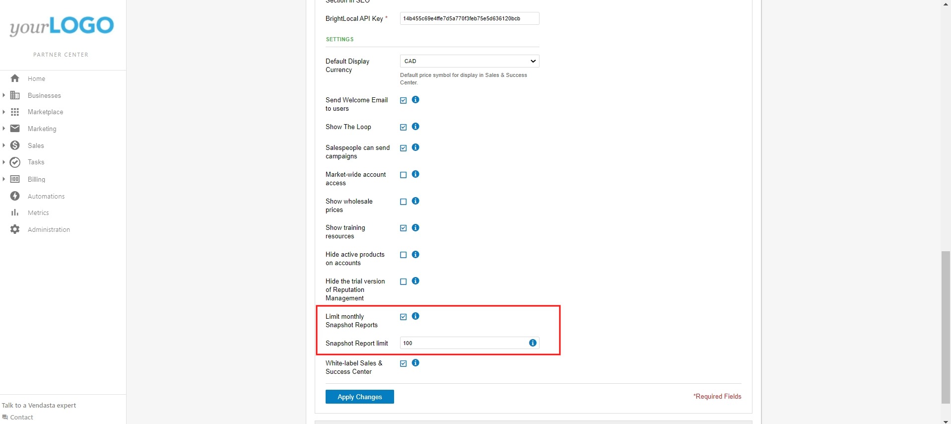Screenshot showing the Snapshot Report limit configuration
