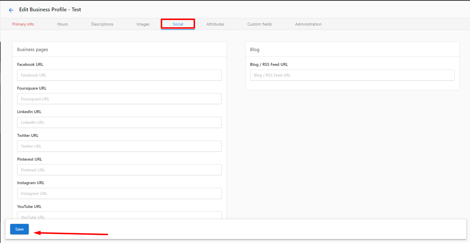 Social tab with business pages