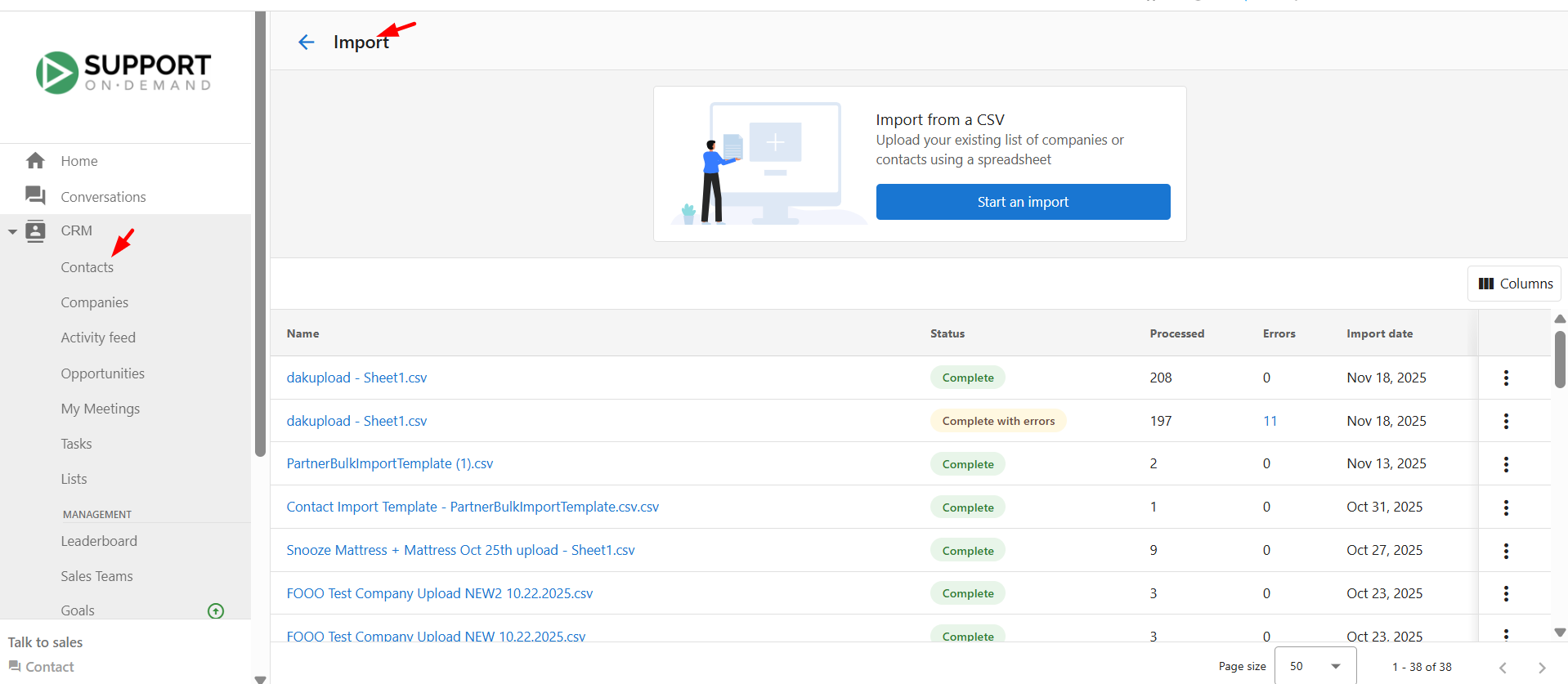 Import History page with Start an import button