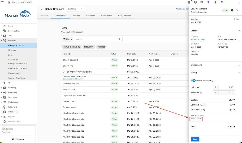 Subscription detail panel showing Add discount link