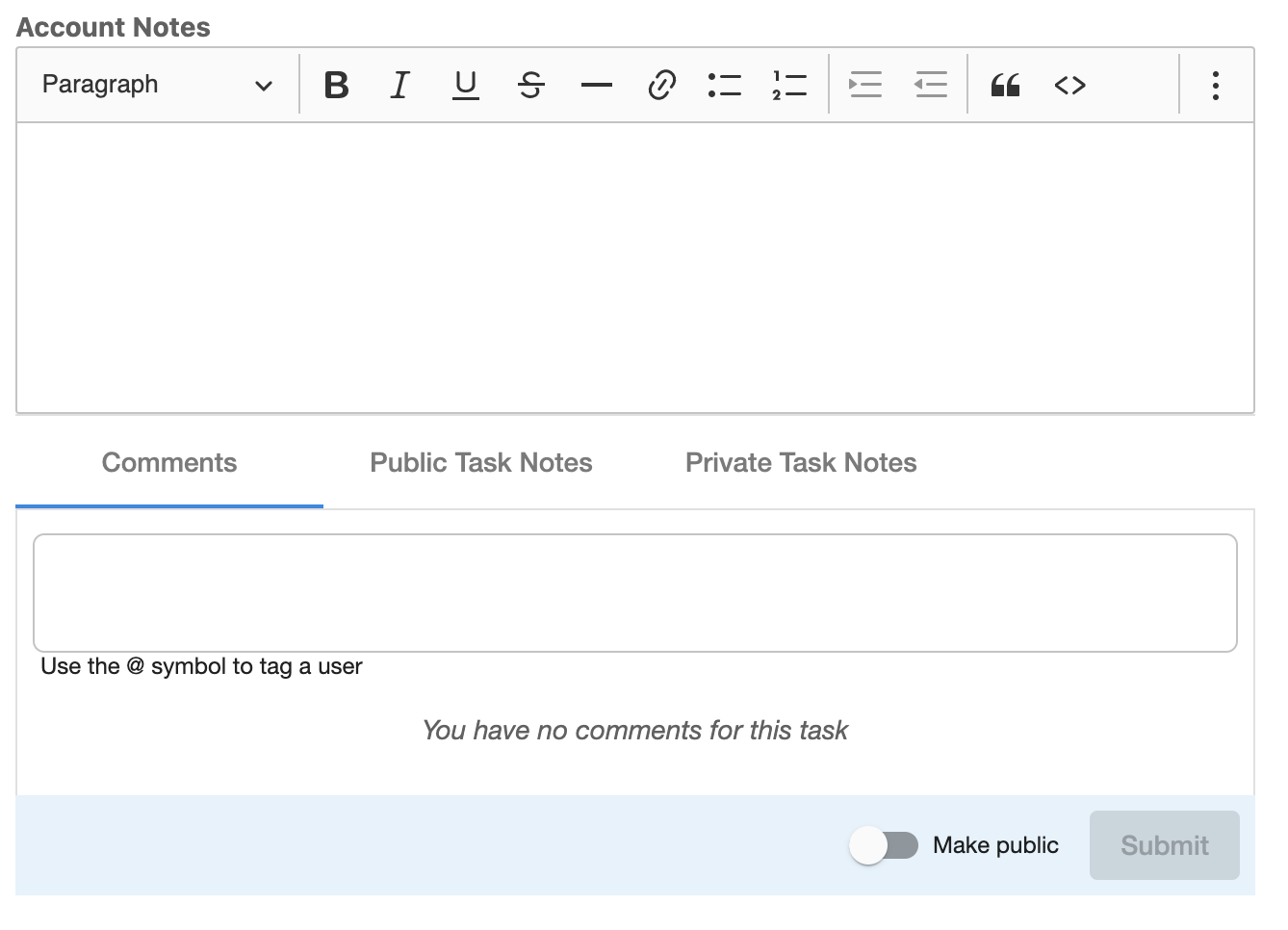 Project task communications interface