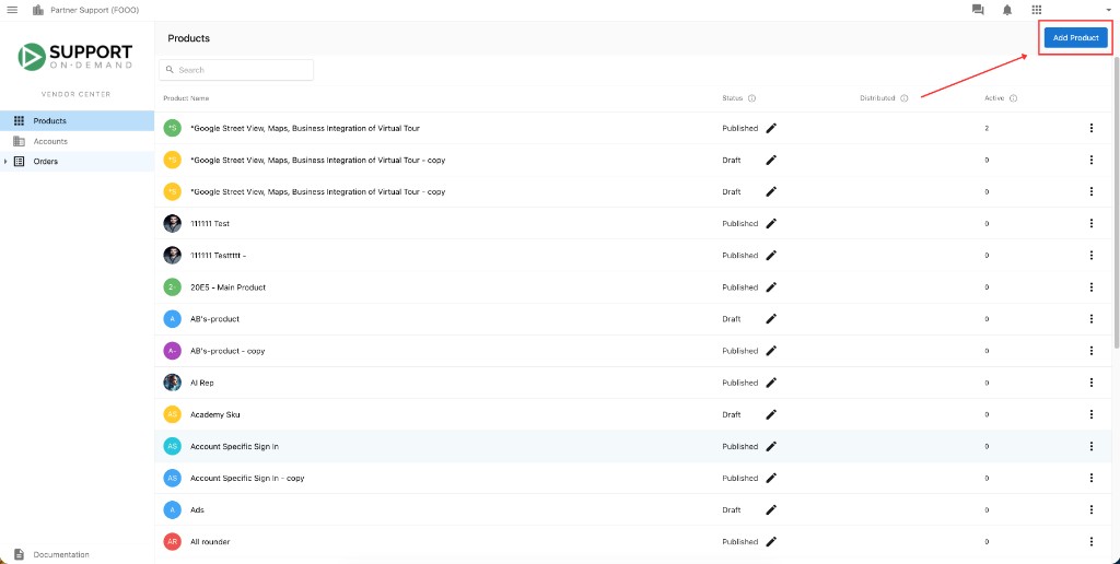 Add Product button in Vendor Center