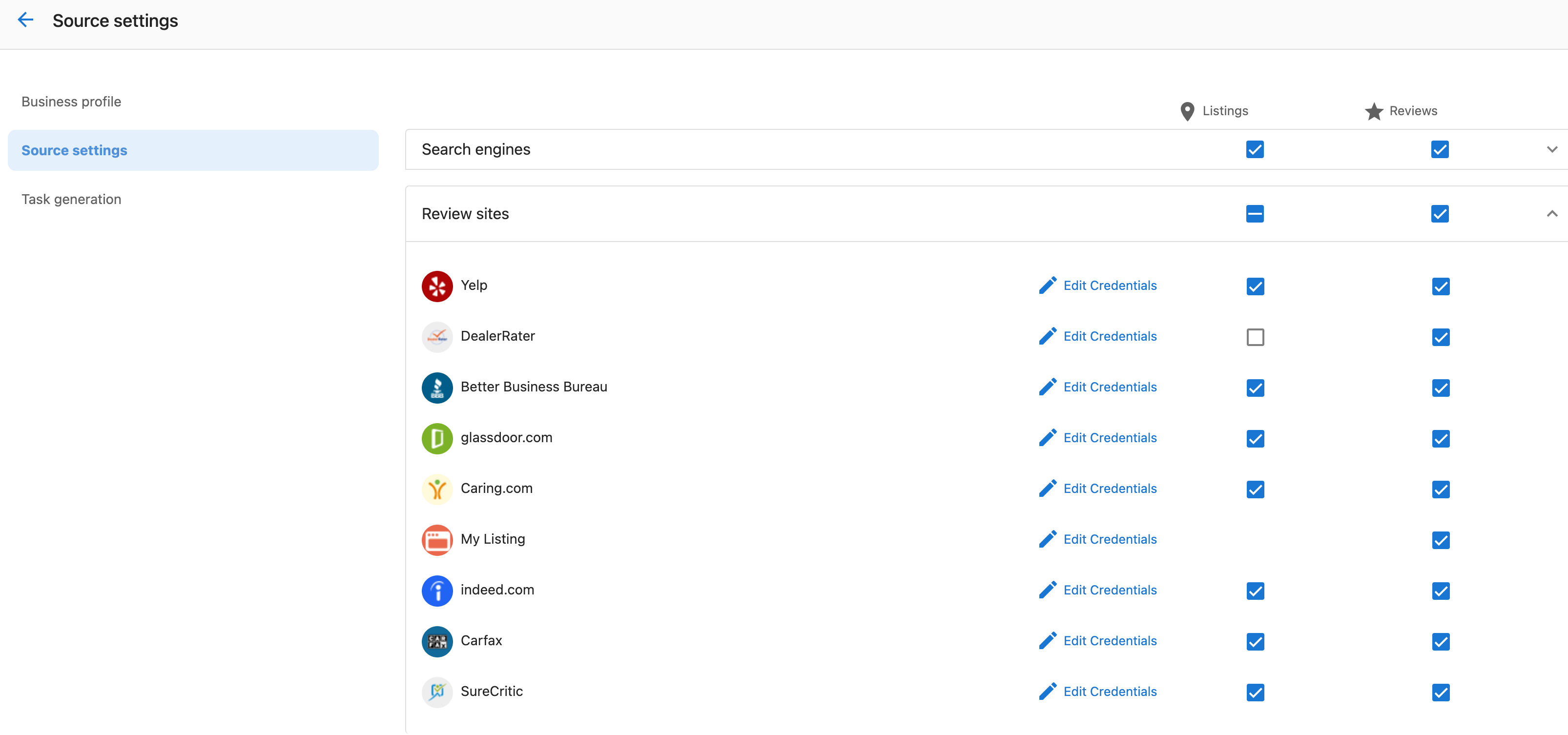 Account settings credentials interface