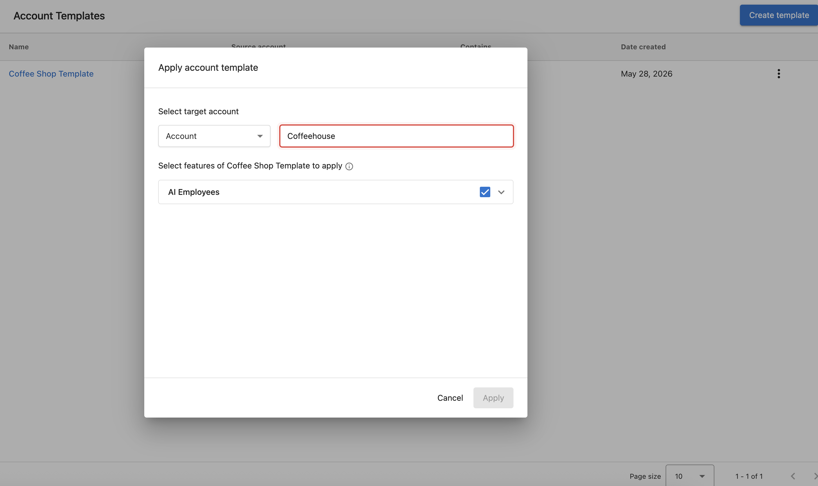 Apply account template dialog showing target account selection and feature checkboxes