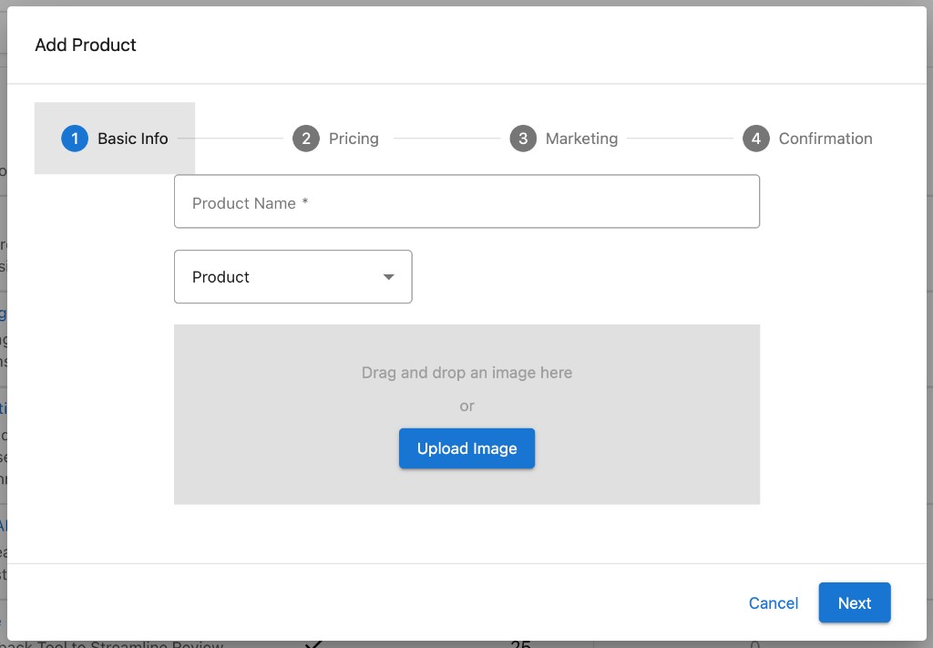 Add Product dialog with Basic Info step