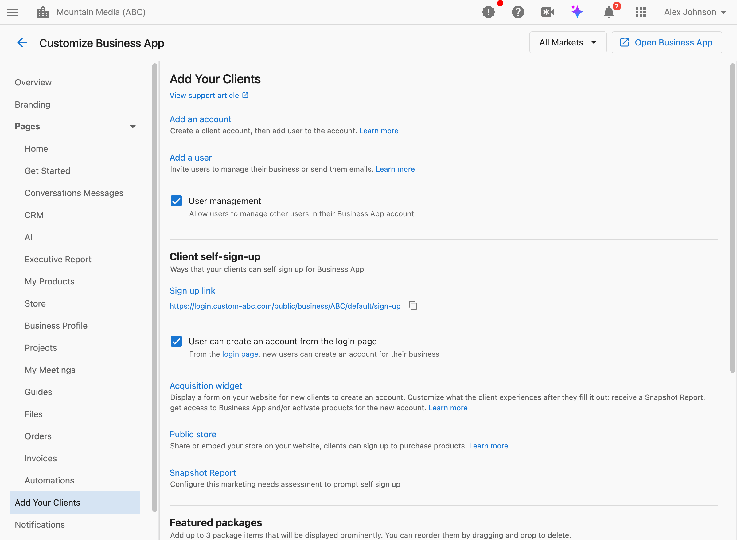 Configuración de Add Your Clients en Customize Business App