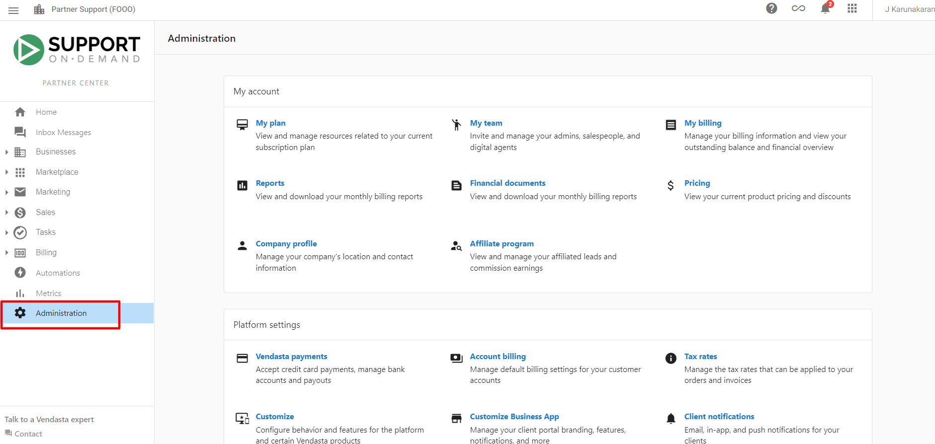 Administration tab in navigation