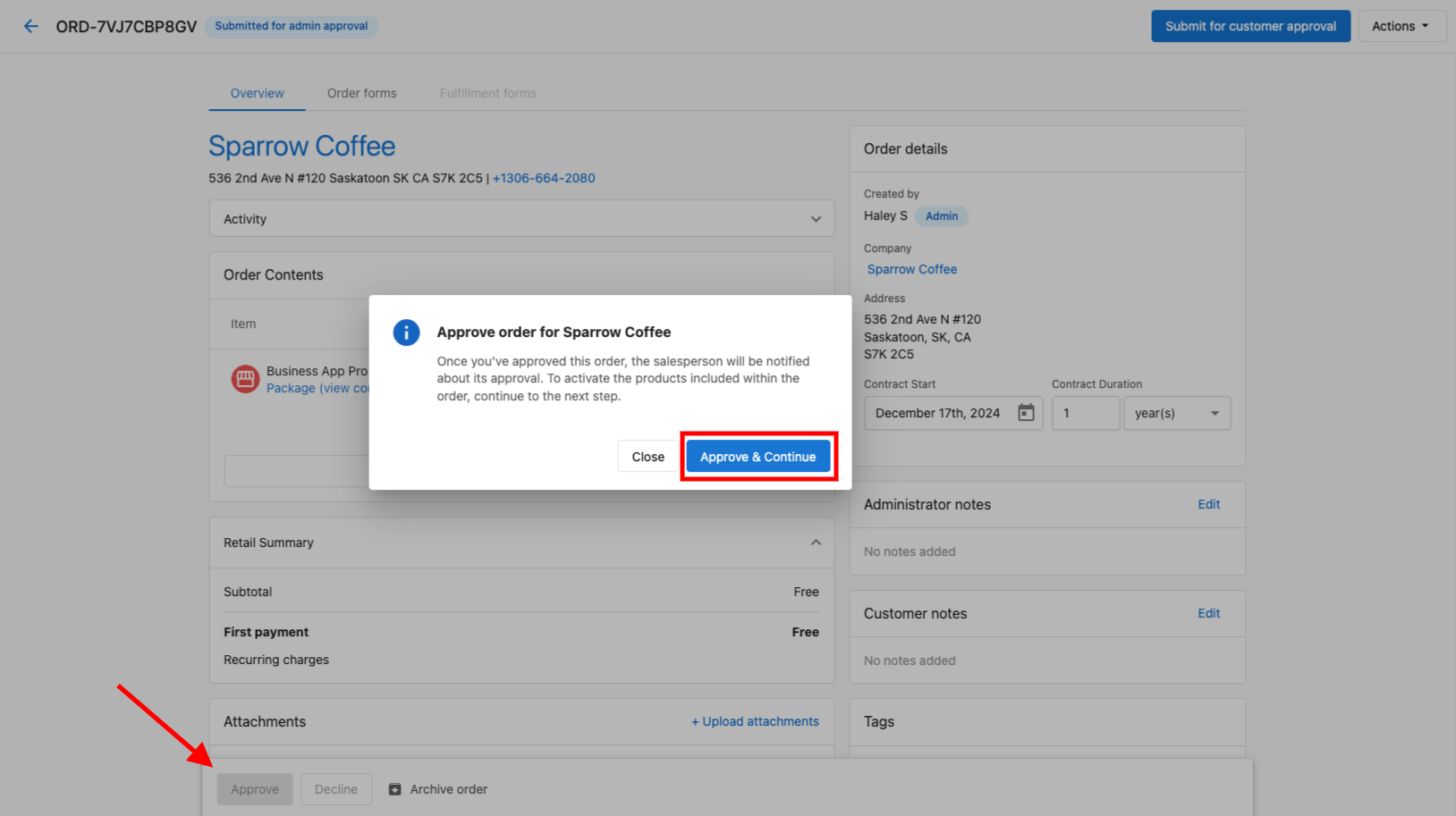 Approve order screen