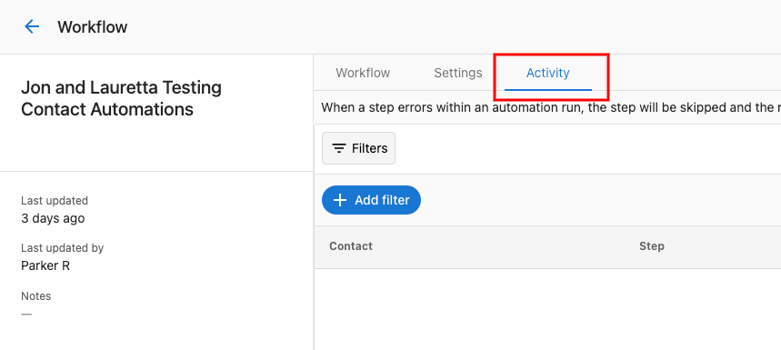 Automation Activity tab