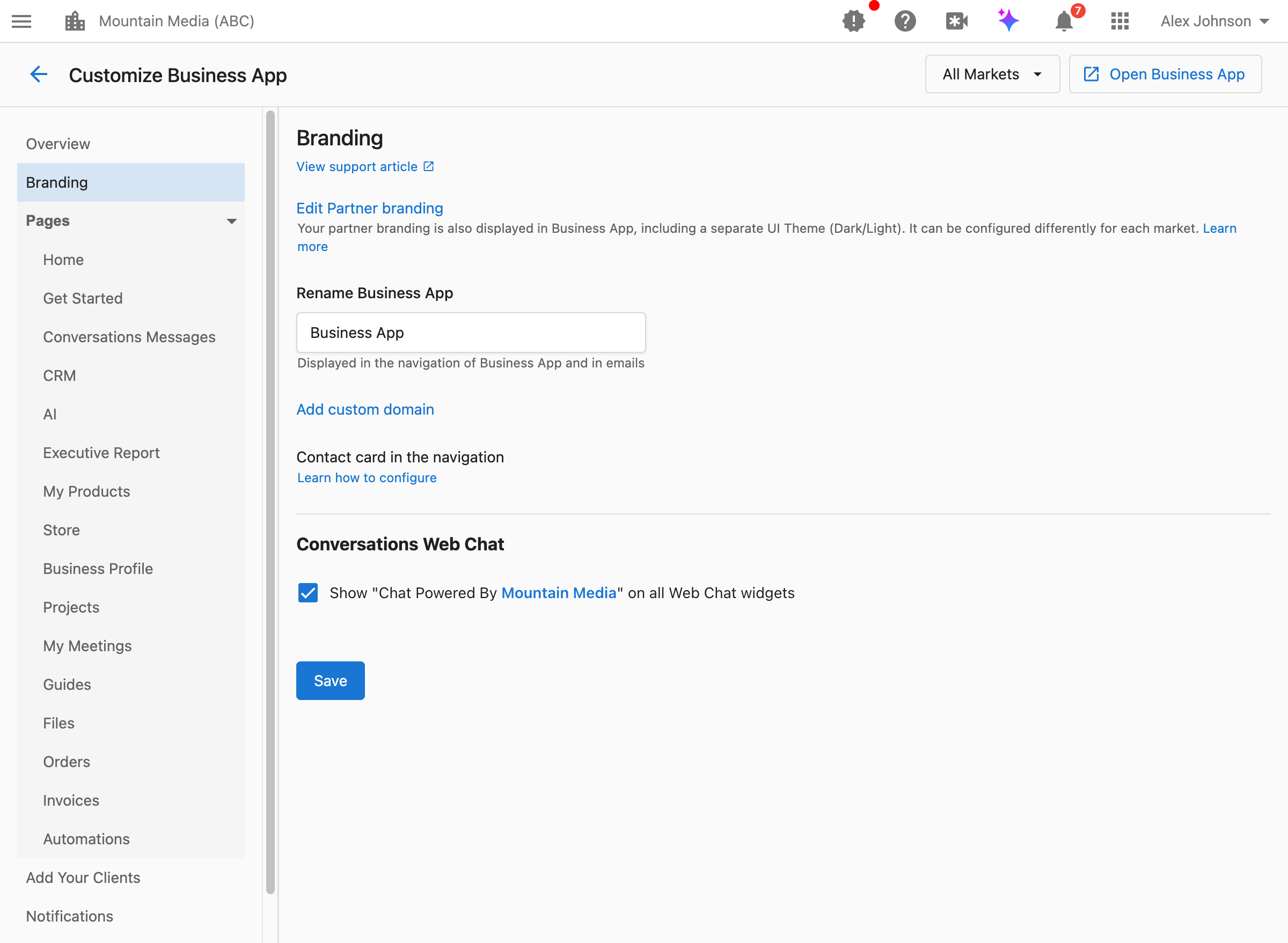 Branding settings in Customize Business App