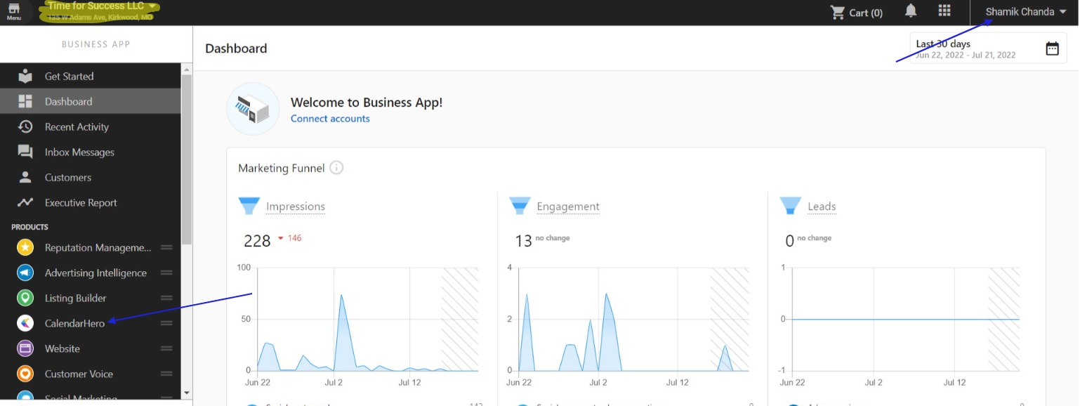 CalendarHero in Business App navigation
