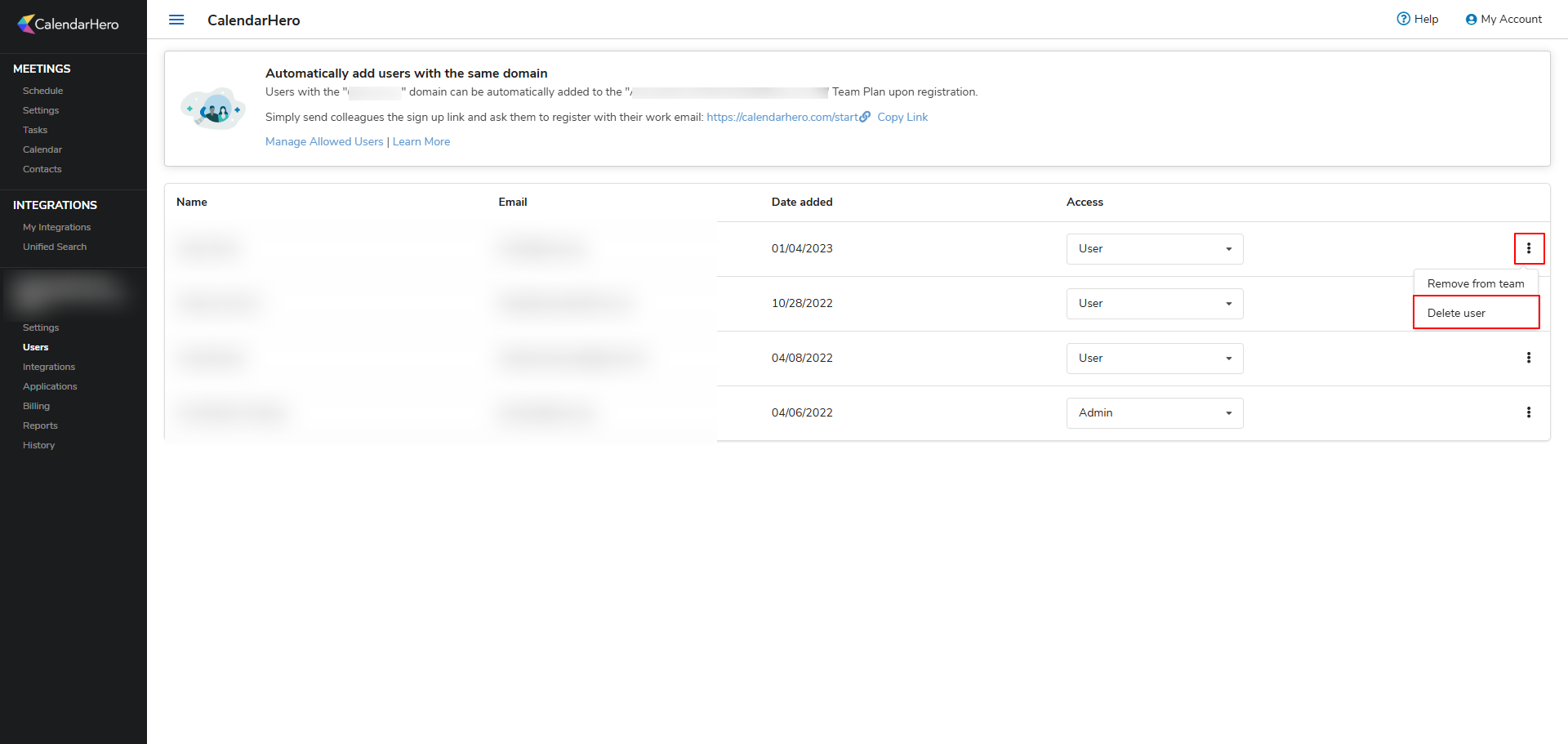 CalendarHero User Management Screen